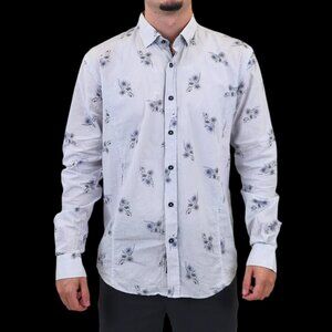 Eight X Light Grey Vertically Striped Floral Print Slim Fit Shirt